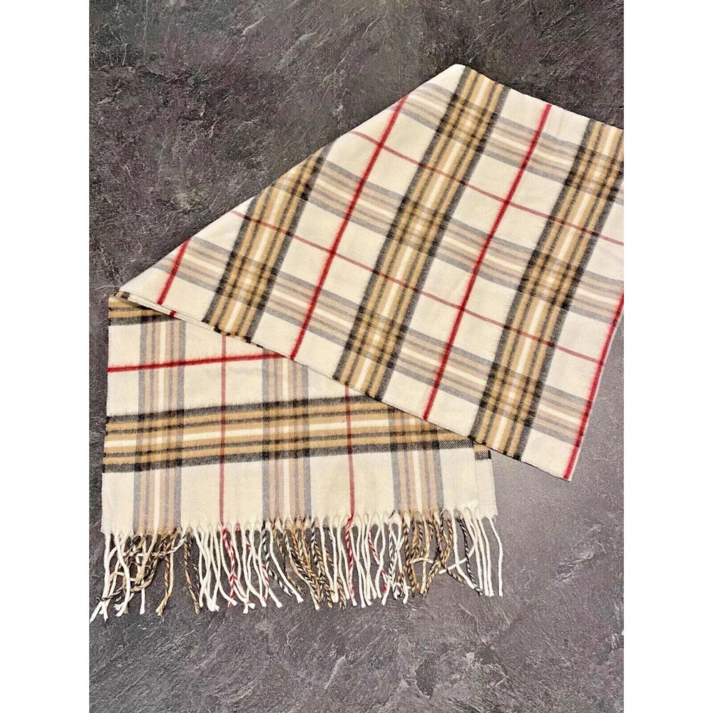 NWOT V.Fraas Cashmink Scarf Made In Germany Unisex Camel Plaid Fringed 15.5”x69”